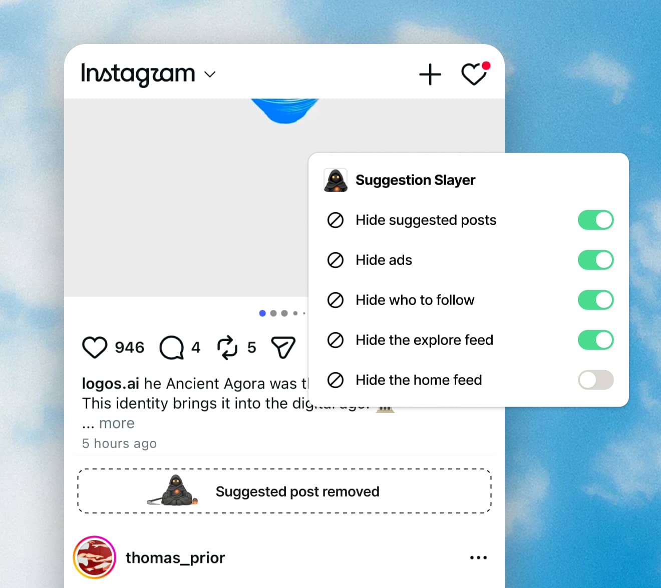Instagram with a suggested post removed, beside the Suggestion Slayer menu
