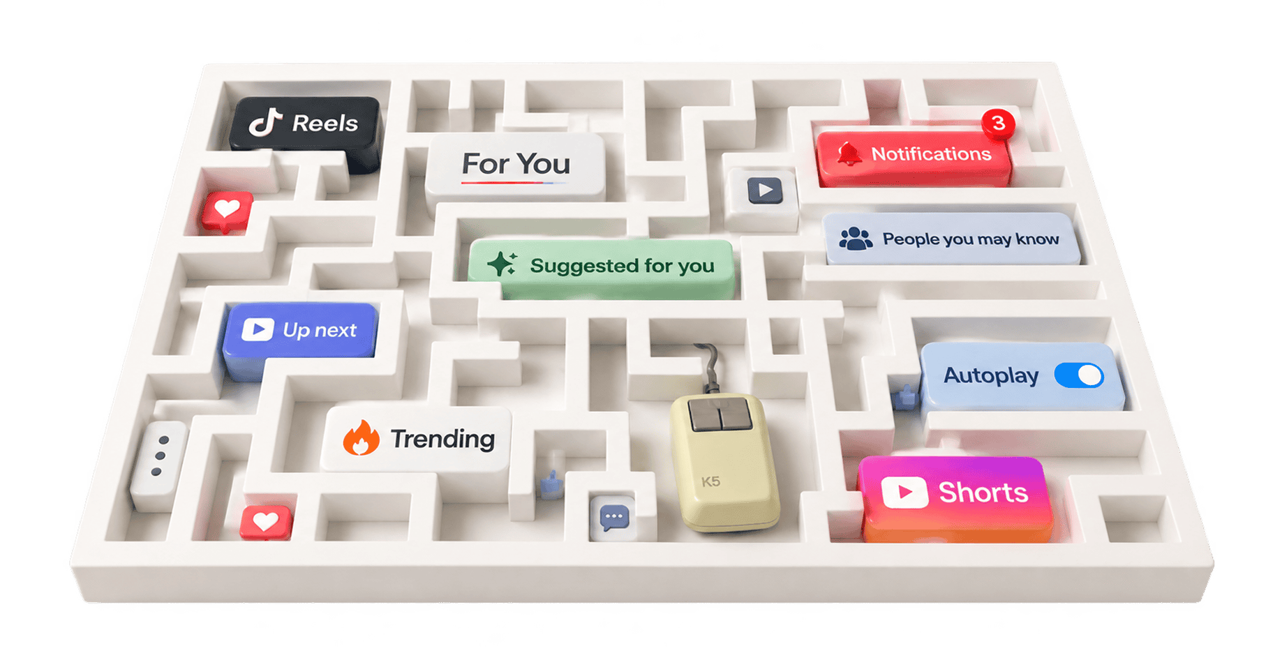 A maze built from feed features — Reels, For You, Suggested for you, Notifications, Up next, Autoplay, Trending and Shorts — with a computer mouse lost inside